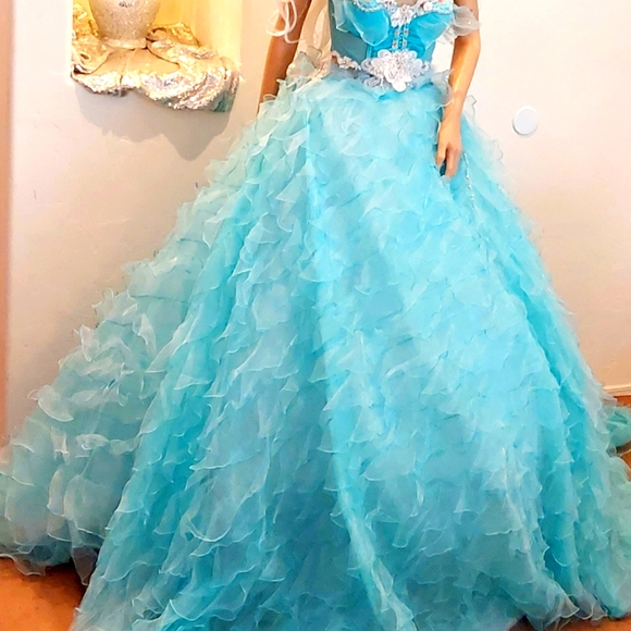 "MARINA" Ocean Blue & White Boho Wedding Ballgown Set - Picture 2 of 7